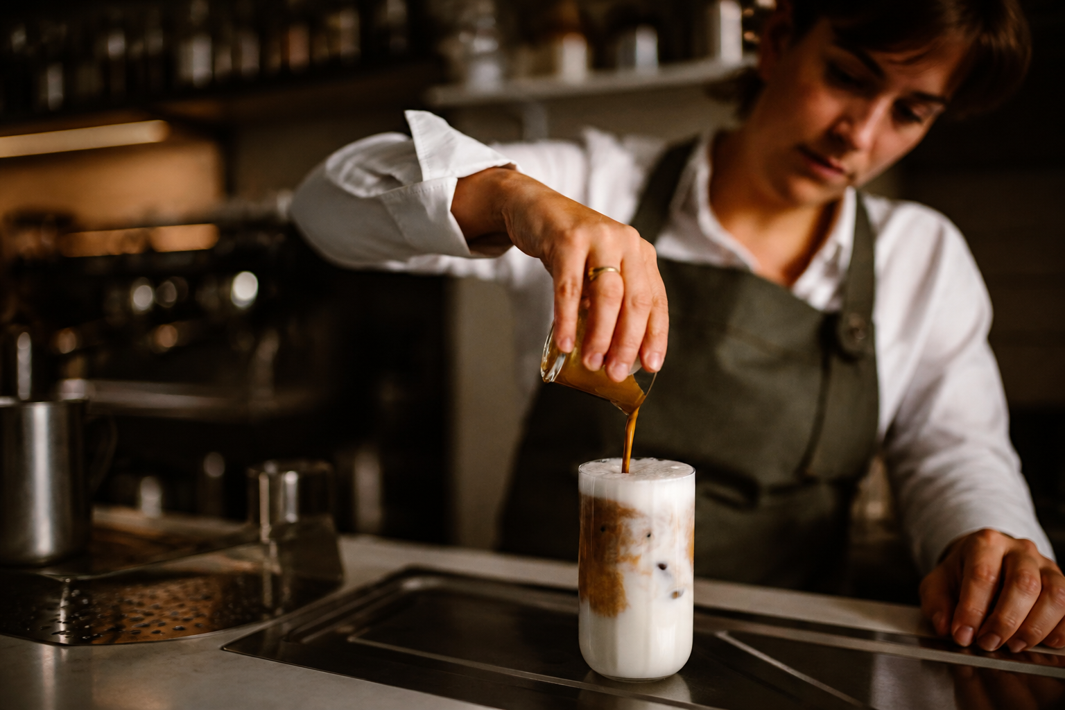 Iced latte being made at Fortin in summer